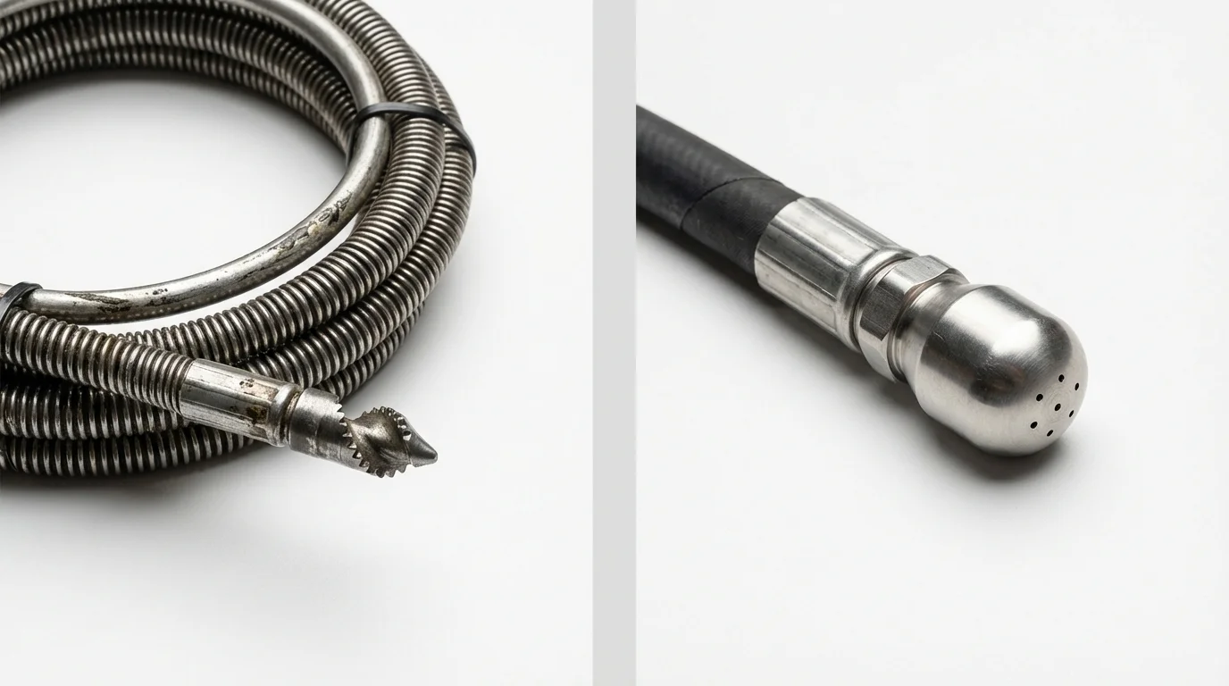 Drain snake cable and hydro jetting nozzle used for drain cleaning in Paramus, NJ